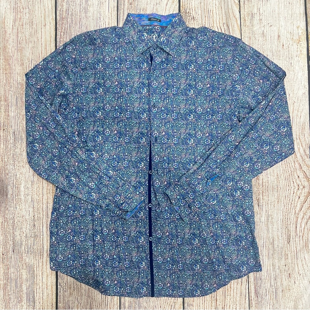 Bugatchi Blue Patterned Casual Button Down Shirt … - image 1